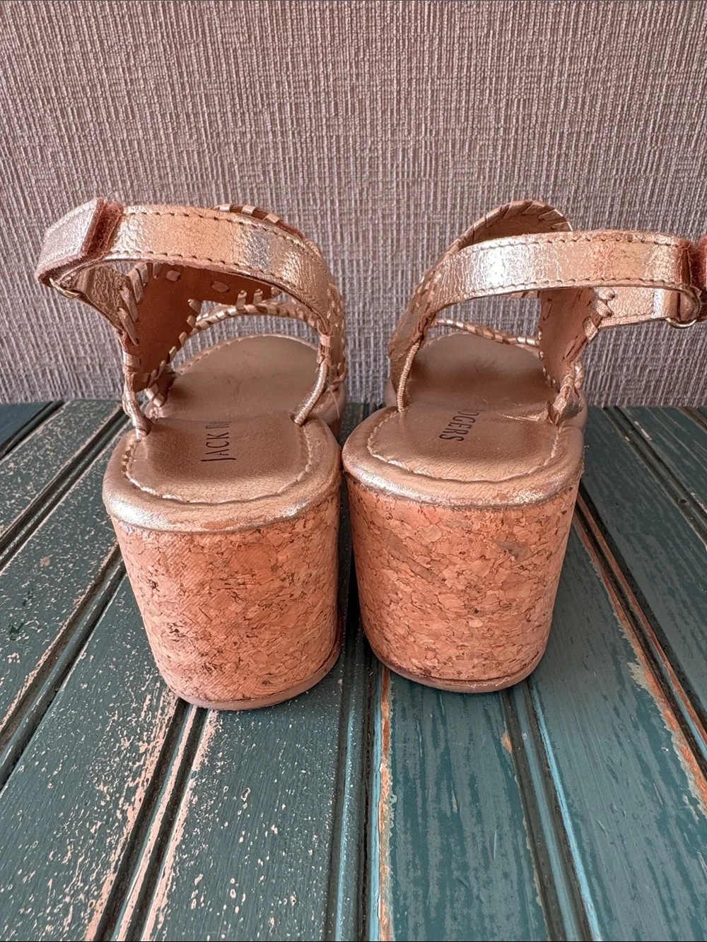 Girls Jack Rogers Metallic Gold Wedge Sandals with Floral Cutouts